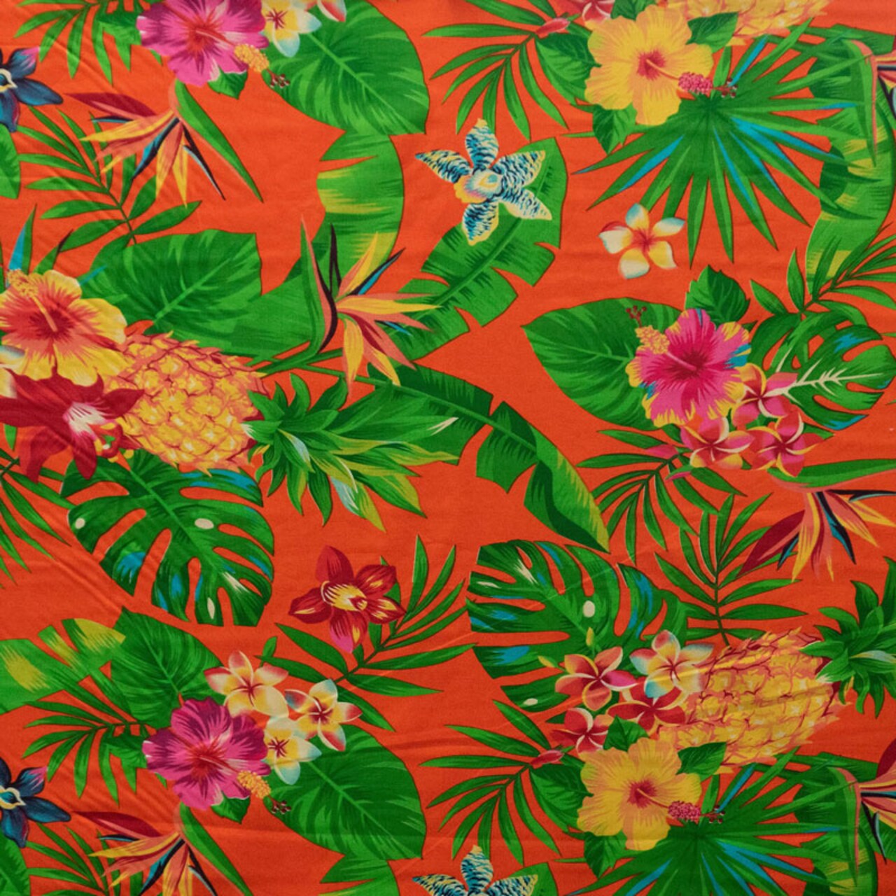 1 Yard Pineapple Tropical Flowers & Leaves Cotton Fabric 100% Cotton, 45” Wide